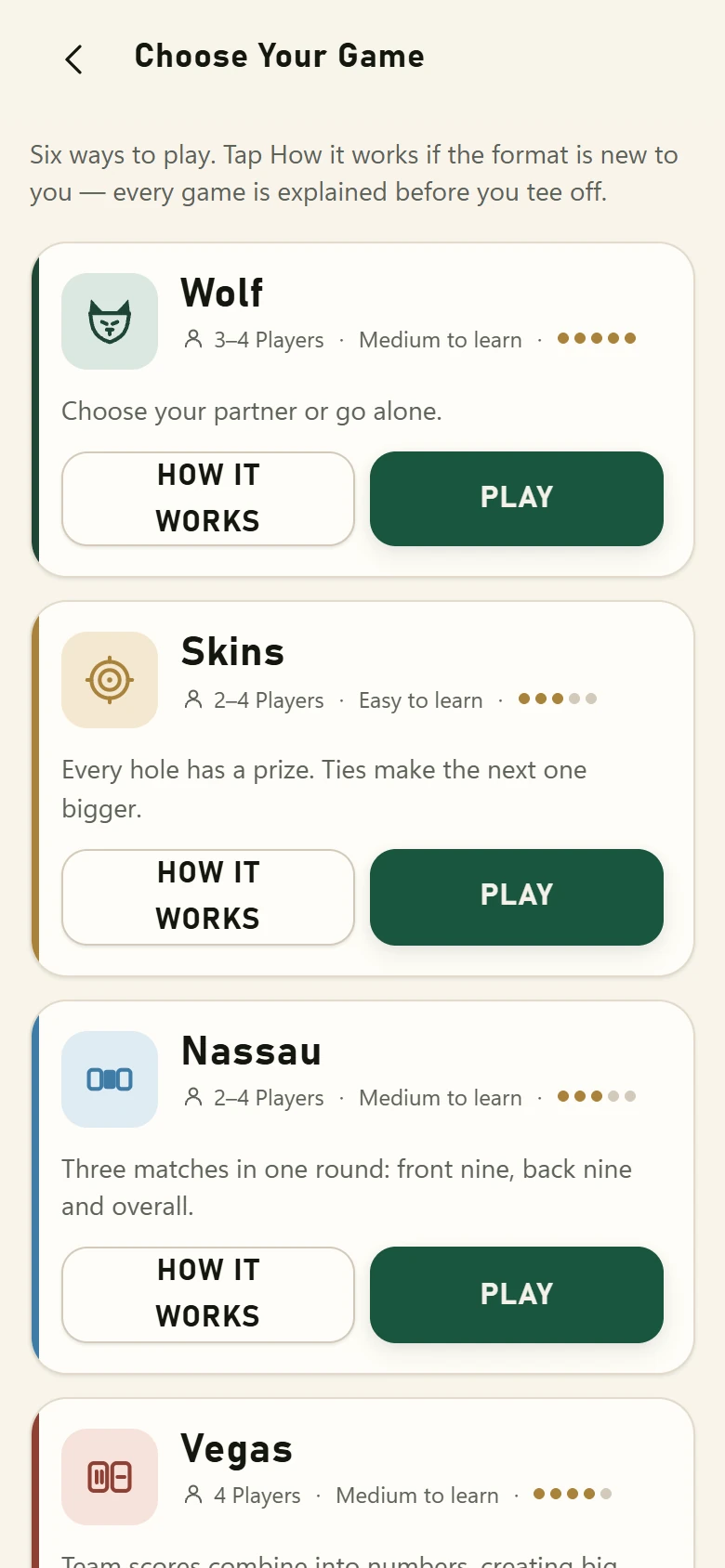 Choosing a game from the six on offer.