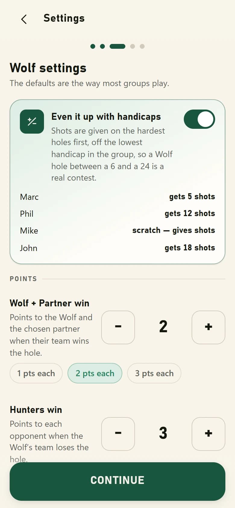 The Wolf settings sheet: an “even it up with handicaps” switch showing the shots each player receives, and steppers for the Wolf and Hunters point values.
